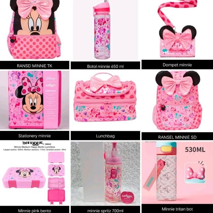 Smiggle Minnie Pink Backpack, Botol, Bag Tag, Lunch Bag, Stationery