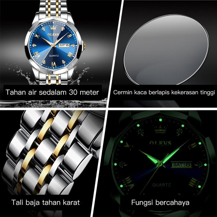 Tebaru OLEVS Jam Tangan Pria Anti Air Original Rantai Keren Terbaru Mewah Biru Putih Luxury