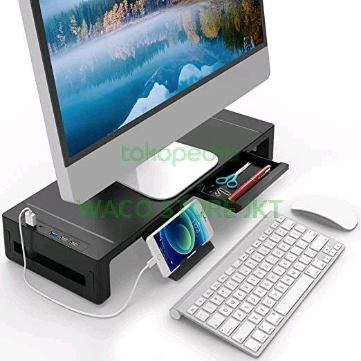 Meja Monitor Stand Aluminium USB Port Tatakan Laci Keyboard Komputer