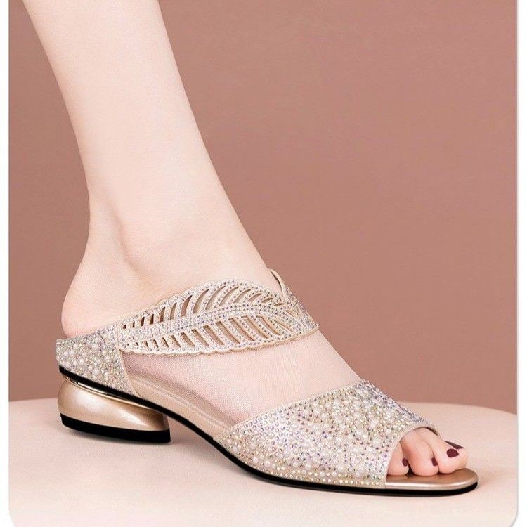 Sandal Jala Kulit Asli untuk Wanita, Hak Tebal, Hak Rendah Datar, Berhias Rhinestone, Ujung Terbuka,