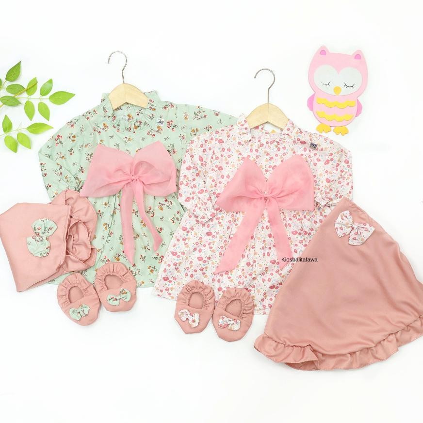 (Sni) Set Gamis Flora Uk 0-12 Bulan Bayi Perempuan / Gratis Jilbab Sepatu Dress Dres Baju Muslim Ana