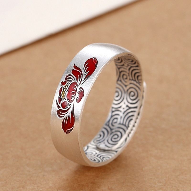 925Thai Silver Enamel Lotus Open Ring Men's Vintage Thai Silver Retro Men's Index Finger Ring Niche