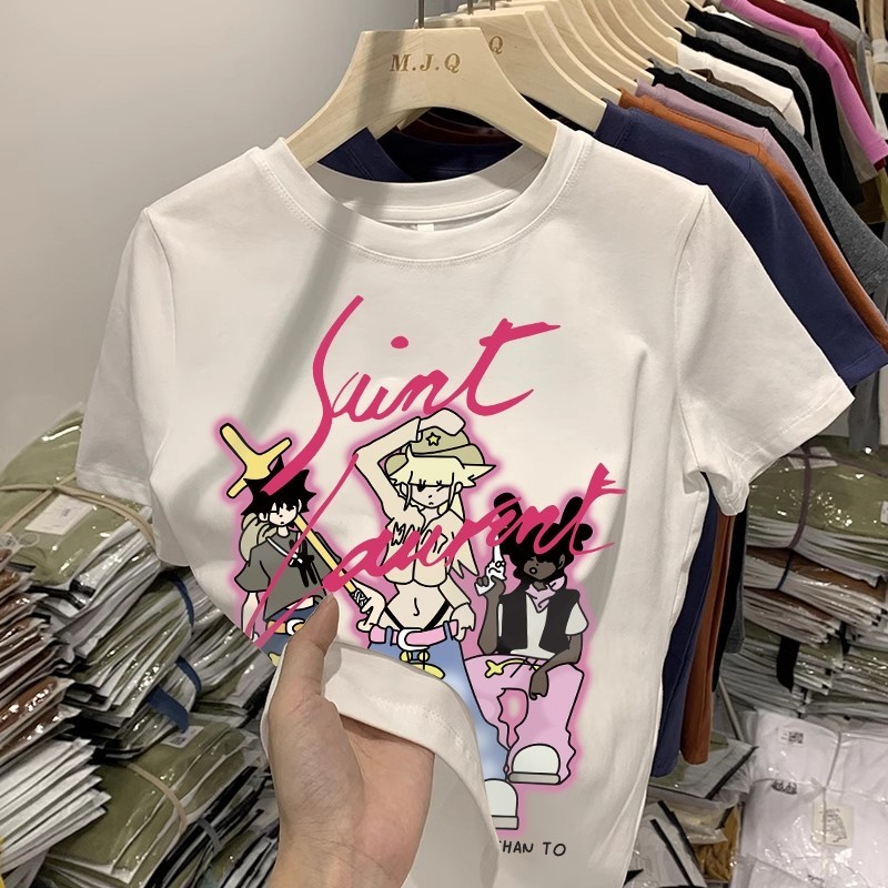 Kaos grafis besar kartun putih/kaos oversize wanita lengan 3/4