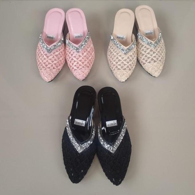 Sandal Anak wanita high heels kekinian slop hak 2-3cm bahan brokat import Kaki Motif Fashion JS