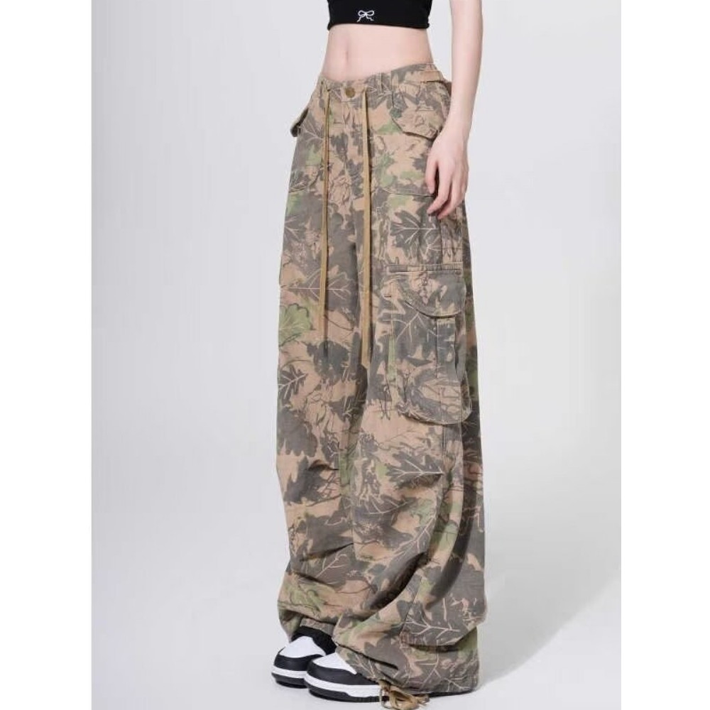 Jeans kamuflase Amerika untuk gaya getaran jalanan wanita longgar longgar celana kasual kaki lurus