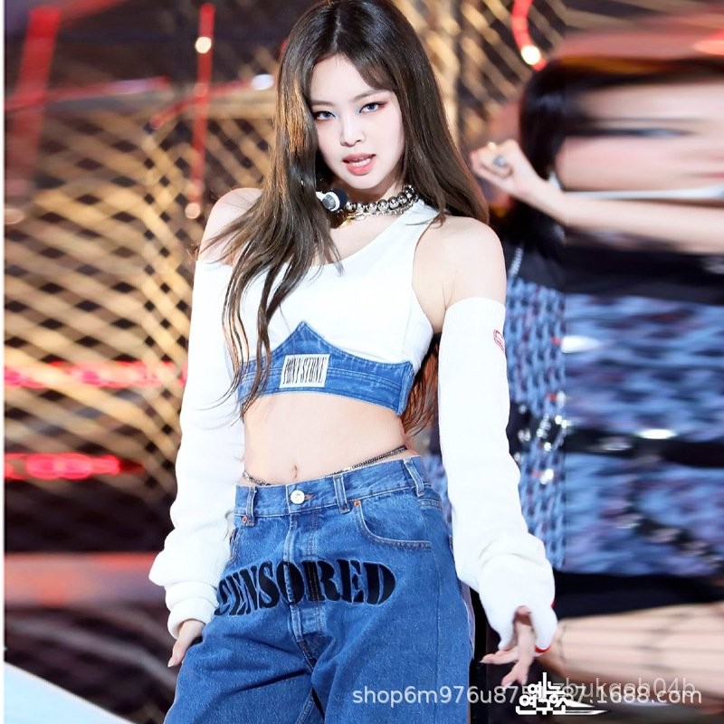 Jin zhini Jennie Same Style Off-Shoulder Spicy Girl Short Top Personality Street Jazz Dance Costume 