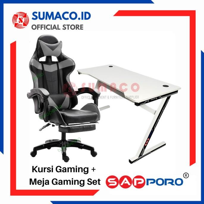 TERBARU - Meja dan Kursi Set Gaming || Yasika - YGS-02 (Kursi Abu - Meja Putih)