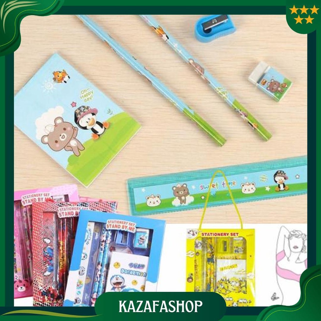 

Alat Tulis Set 6In1 Stationery Set Lucu Karakter 6 In 1 Set Perlengkapan Pensil Penggaris Buku Penghapus Sekolah Anak-Anak Tk Box Tali Sourvenir Ulang Tahun Murah Gratis Ongkir