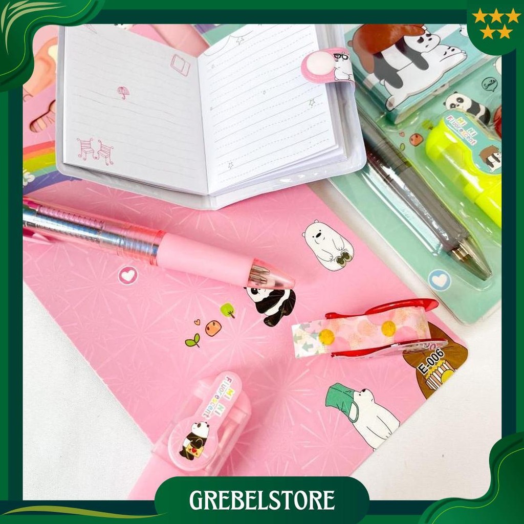 

Set Alat Tulis Mini We Bare Bear Isi 4 Buku Kecil Pulpen Highlighter Mini Solatip Paket Murah Kado Unik Souvenir Best Seller