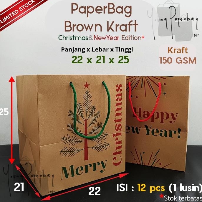 

er-90 Paper Bag Tas Kertas Brown Kraft Edisi Natal & Tahun Baru Uk. 22 x 21 x 25 Original