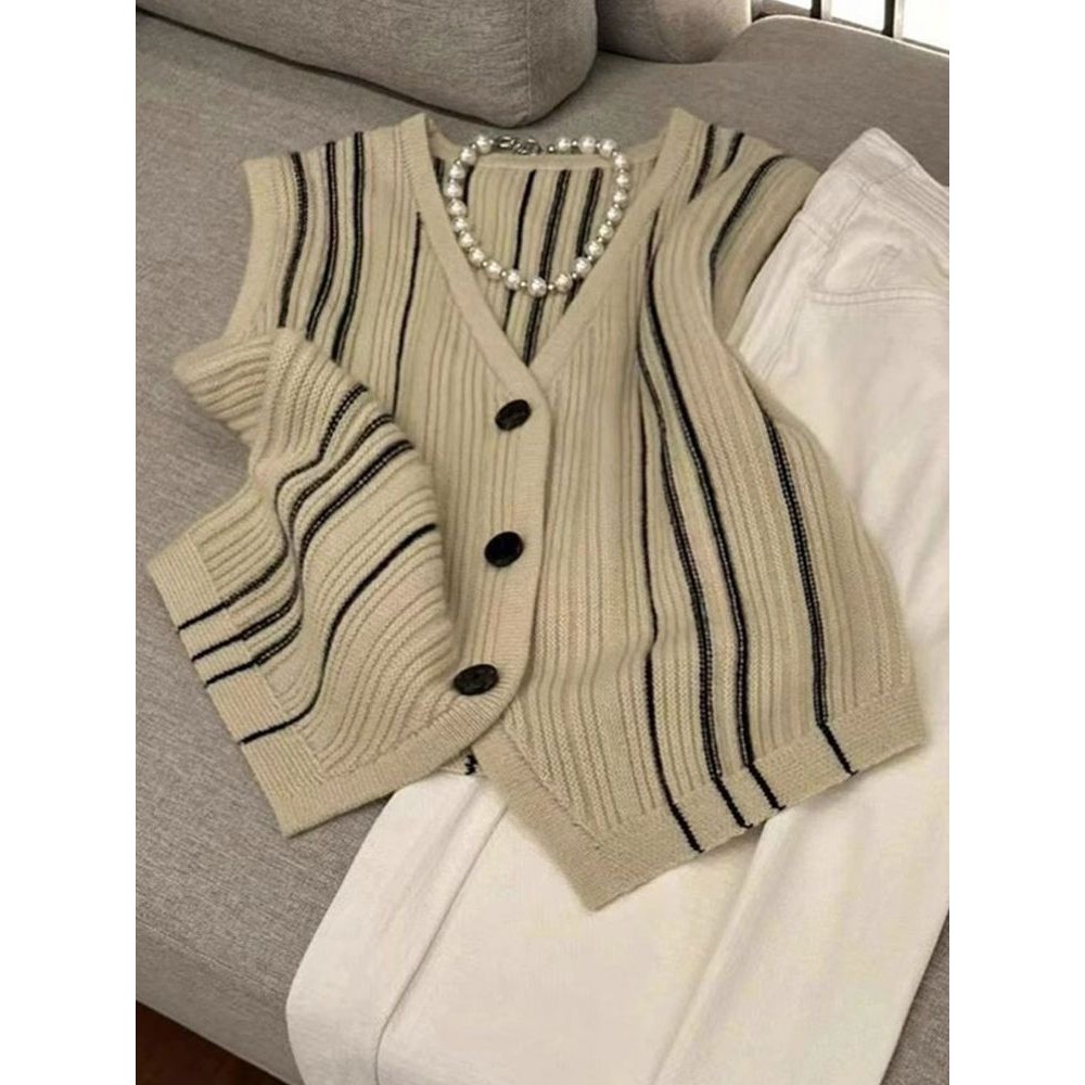 Rompi Rajut Gaya Chanel Rompi Cardigan Bergaris Aprikot