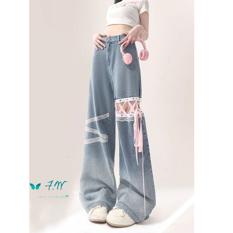 Lace Trim Gradient Lace-up Straight-leg Women's Wide-leg Jeans