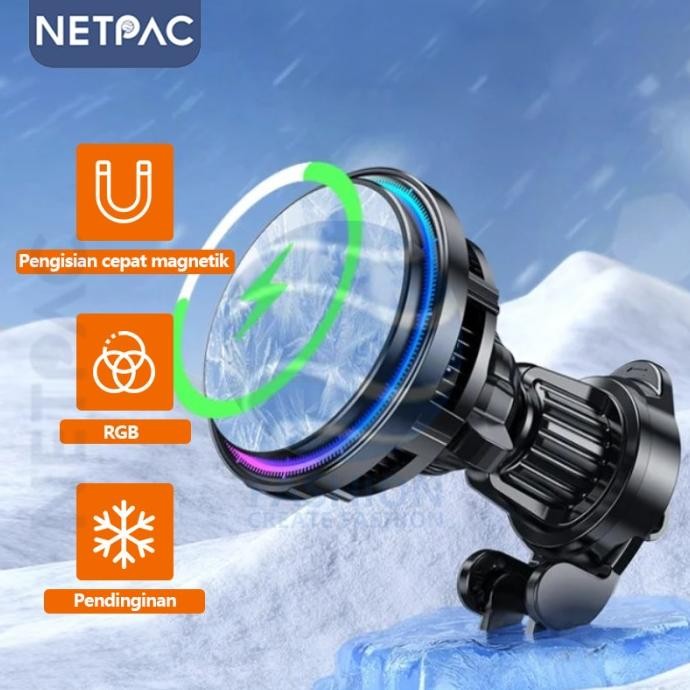 Netpac Fan Cooler Semikonduktor Magnetik Mobil Wireless Charger Braket Hp New Stok