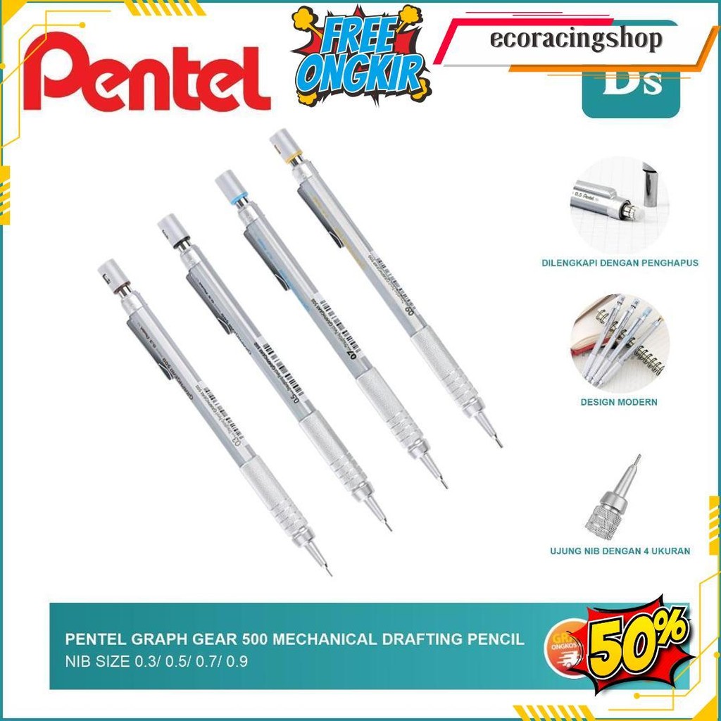 

Pentel - Graph Gear 500 - Mechanical Drafting Pencil (0.3 / 0.5 / 0.7 / 0.9) - Bali Art Supplies Original Produk