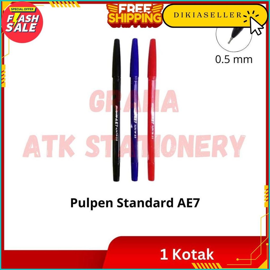 

[1 Kotak] Pulpen Standard Ae7 Hitam, Biru, Merah / Ball Pen / Pena 0.5Mm Standard Ae7 Termurah Banget
