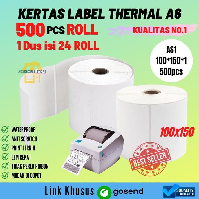 

BEBAS ONGKIR - KERTAS THERMAL LABEL BARCODE A6 100X150 500PCS ROLL KHUSUS GOSEND