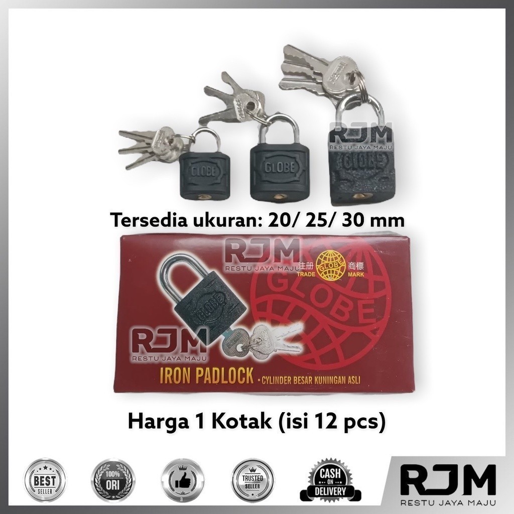 [12 pcs]  GLOBE Gembok Hitam Kunci Pintu Rumah Koper 20 25 30 mm