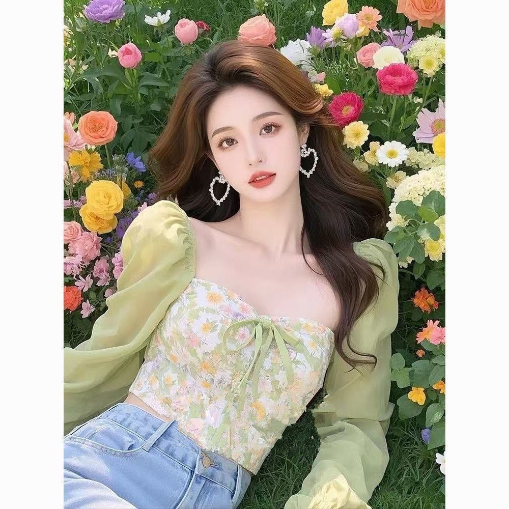 New Waist-Tight Fairy Floating Shirt Floral Short Shirt