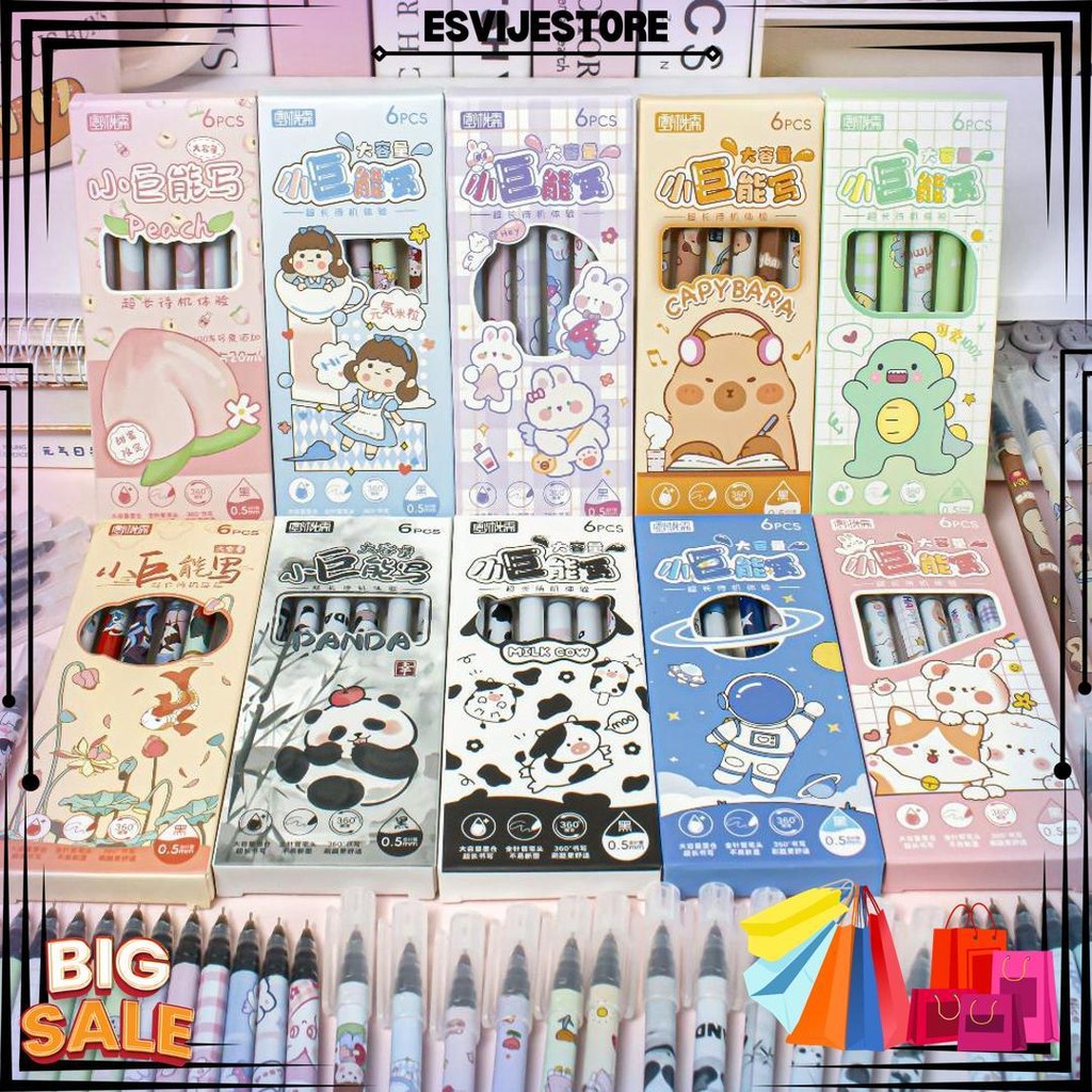 

1 Set Isi 6 Pcs Pulpen Gel Motif Animal, Anime Girl Dan Astronot Lucu Imut D Best Seller