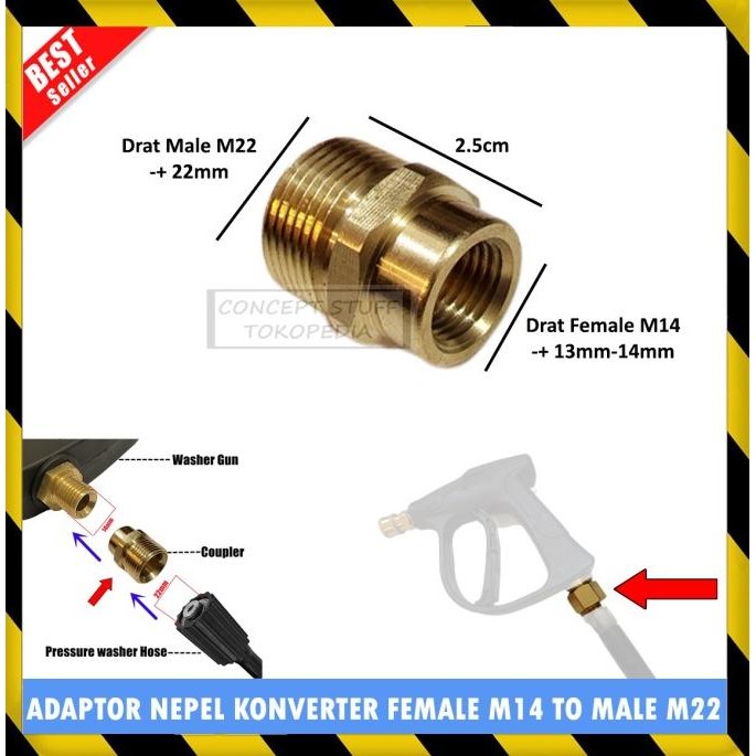 ready stock ADAPTOR KONVERTER NEPEL FEMALE M14 TO MALE M22 SAMBUNGAN SELANG GUNJET