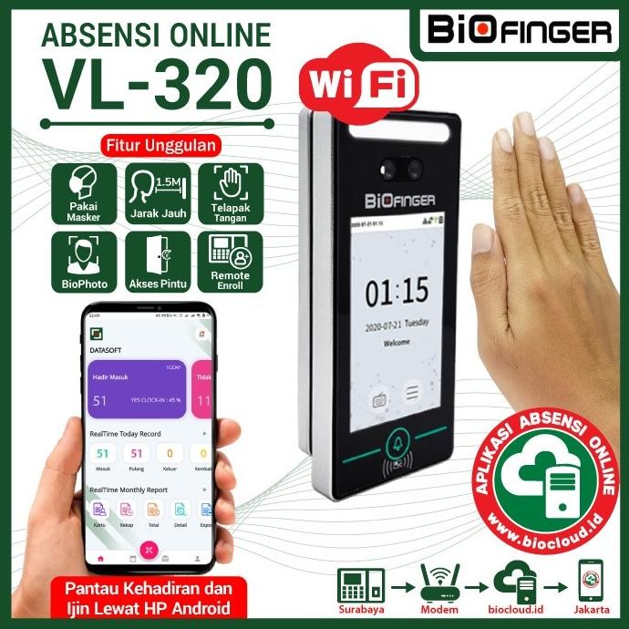

BEBAS ONGKIR - Absensi OnLine BioFinger VL-320 WIFI Wajah Tangan Kartu Cloud Android