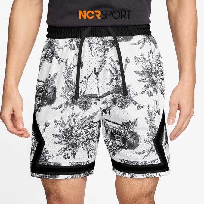 Celana Basket Air Jordan Dri-Fit Printed Diamond Shorts Black White Or Co