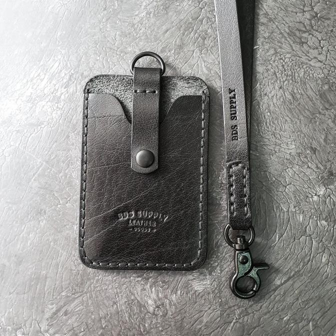 

TERBARU - CAFFREY BLACK BUFFALO - Leather Lanyard ID card Holder , double slot
