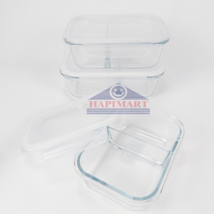 (Good) Glasslock Wadah Tempat Makanan Persegi 2 Sekat Storage Putih Satuan