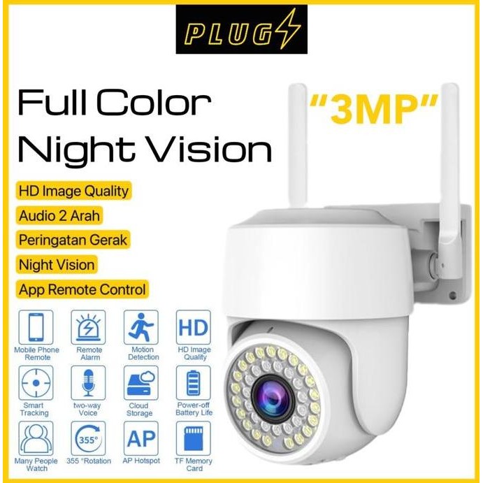 [COD] PLUGS INDOOR SMART CCTV CAMERA 3MP 2 ANTENA WIFI FULL HD OUTDOOR WATERPROOF JARAK JAUH OTOMATI