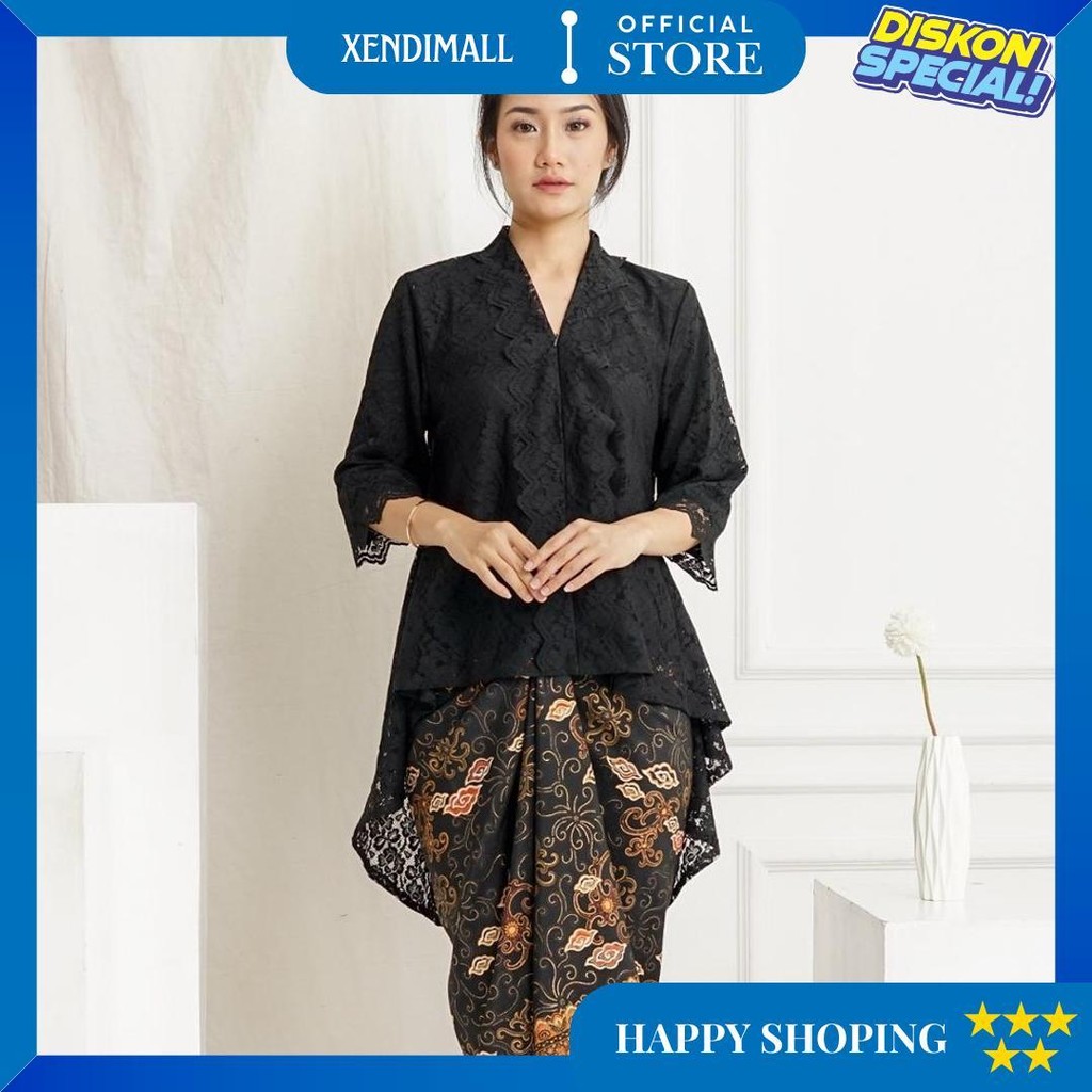 Ibukebaya - Kebaya Encim Modern Panjang Belakang Penguin Brukat Putih Hitam Promo Puncak