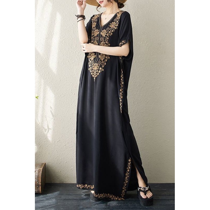 Heavy Embroidery Plus Size Bohemian Solid Color Long Dress