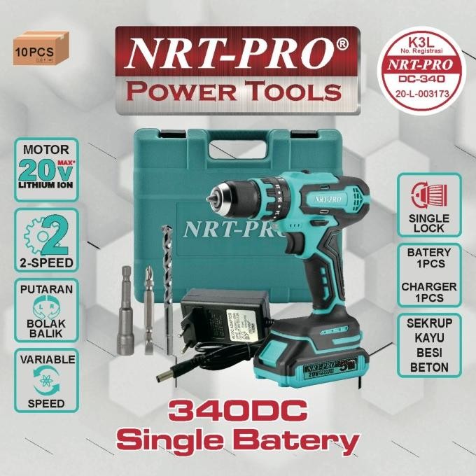 NRT-PRO DC 340 HD Mesin Bor Cordless Drill 1 Baterai Batre Tangan Beton Impact Tembok Charger Cas 20