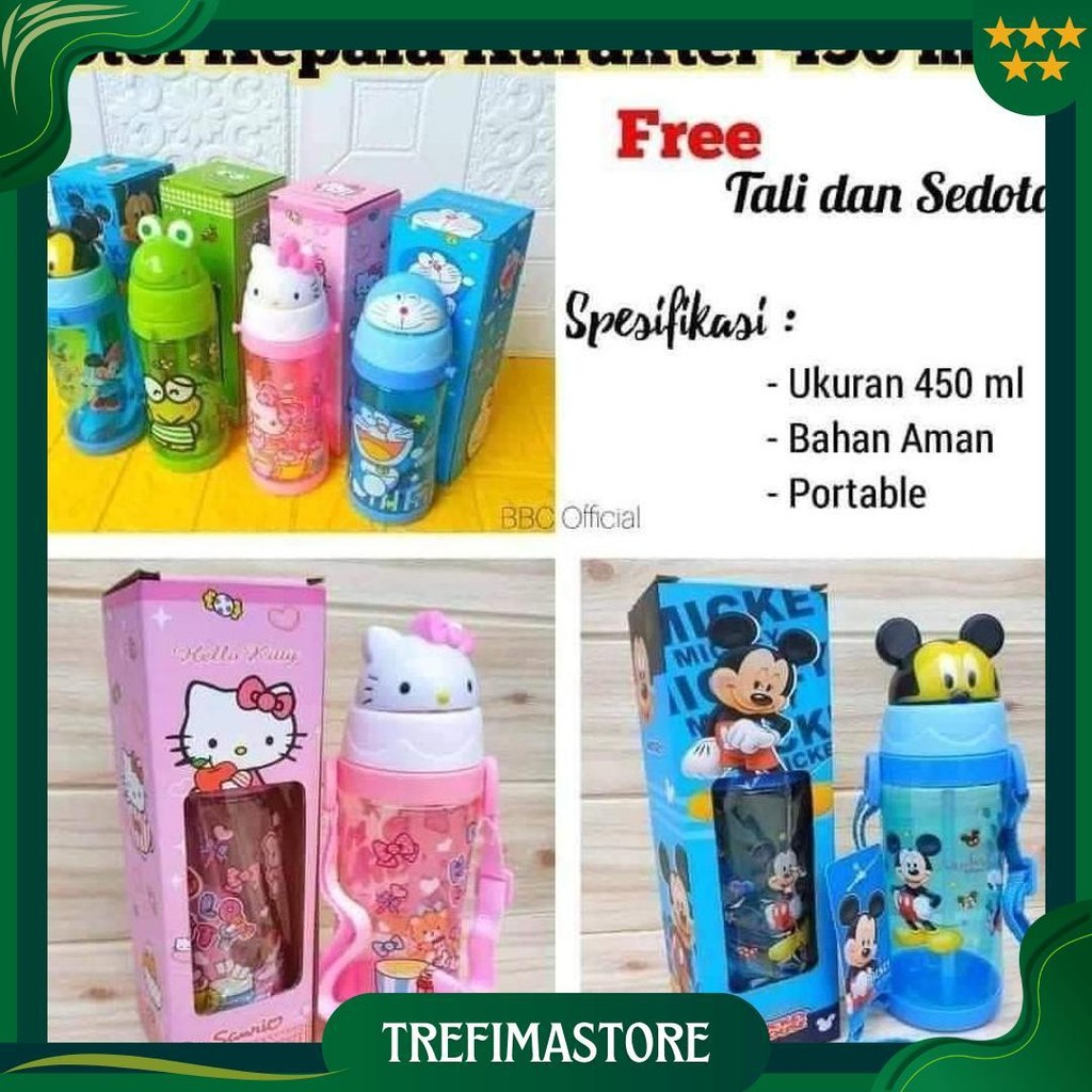 Bella - Botol Minum Anak 450Ml Kepala Karakter Keropi Mickey Doraemon, Hello Kitty Ada Strap Gratis 