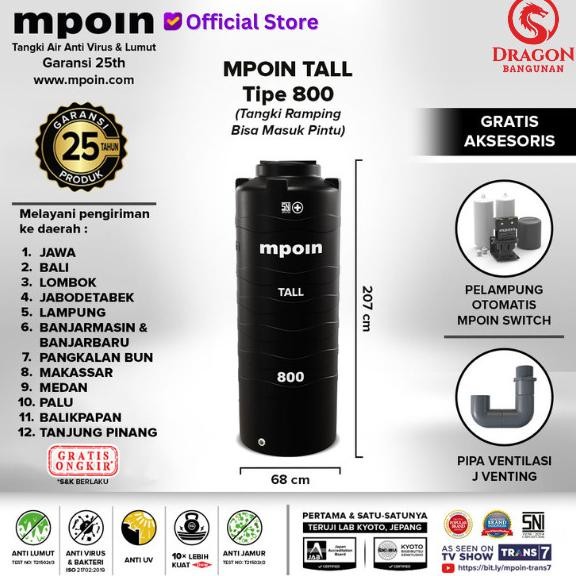 Terjangkau Tangki Air Mpoin Tall 800 Hitam - Toren Air Mpoin Tall 800 Liter