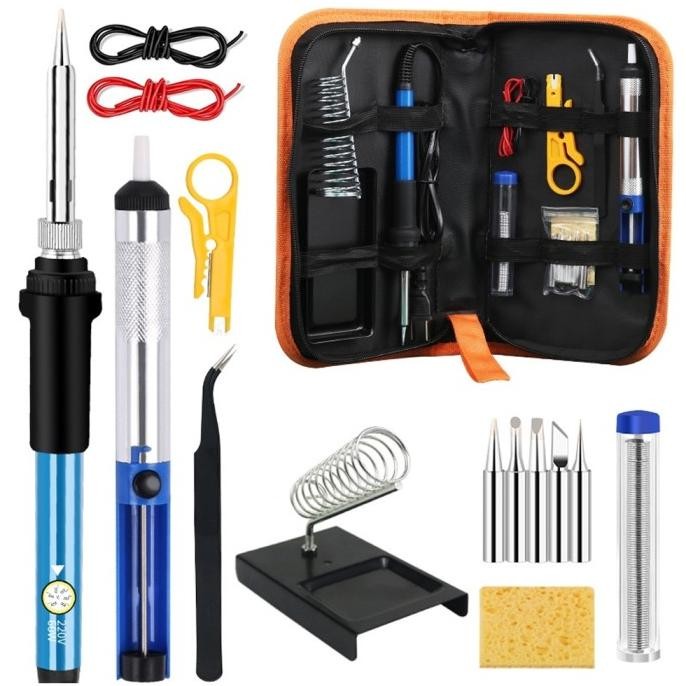 Solder Listrik Set Tas 15 Pcs Lengkap Iron Tool Kit 220V 60W/Solder Listrik Murah Paket Penyedot Pen