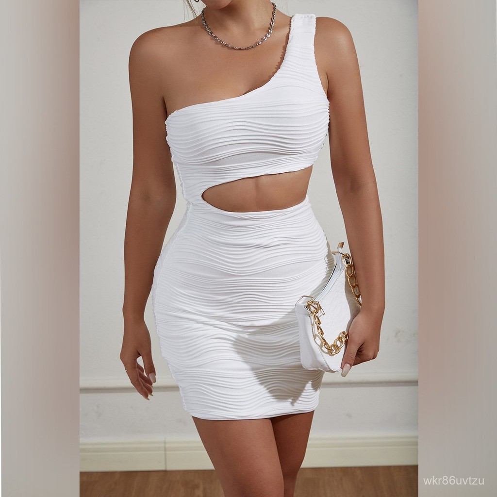 Water Ripple One-Shoulder Fashion Waist-Exposing Sexy Dress Slim Fit Dress