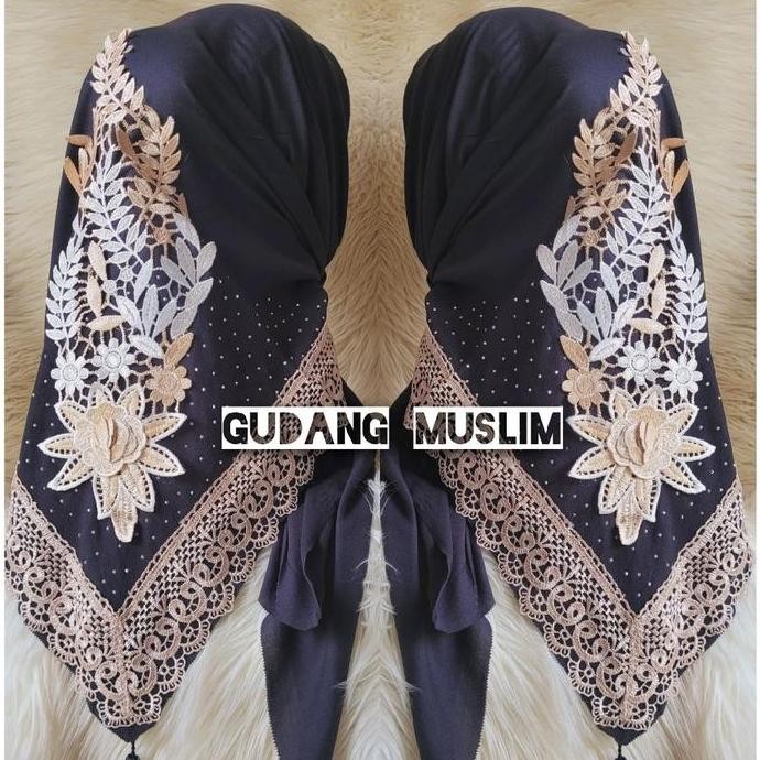 Promo Hijab Segi Empat Renda Payet Bunga Mewah Kerudung Voal Muslim Square Printing