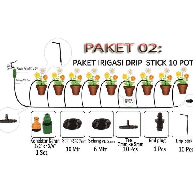 Paket Irigasi Pot Stick Drip Bengkok 10 Pot / Drip Tetes / Paket 02