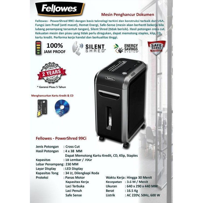 

Grosir Mesin Penghancur Kertas Fellowes Powershred 99Ci / Paper Shredder
