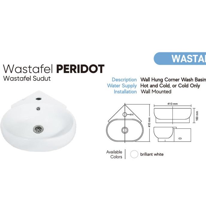Wastafel Trilliunware Peridot Series / Westafel Sudut Keramik Putih New Stok