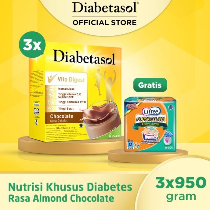 

Promo Buy 3 Diabetasol Jumbo Chocolate 950G Free Popok Dewasa Lifree Pants M5