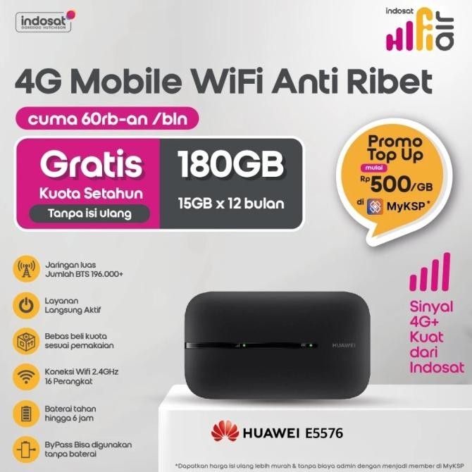 MODEM WIFI PORTABLE 4G INDOSAT HUAWEI E5576 GRATIS KUOTA 180GB SETAHUN UNLOCK SEMUA OPERATOR 2004T