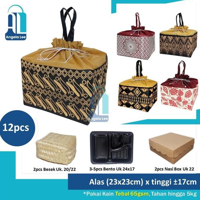 

12pcs Tas Kain Serut Motif Batik untuk 2box Nasi Kotak 22x22 Syukuran Besek Hajatan murah