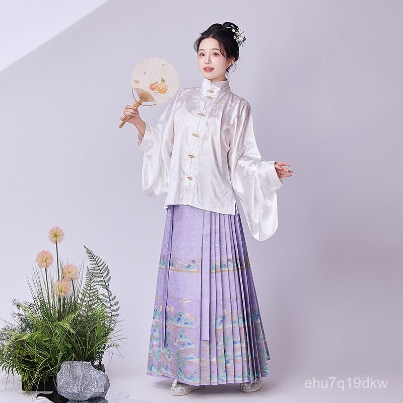 Set Hanfu Gaya Cina Wanita/Atasan Rajut Jacquard+Rok Mamian Cetak