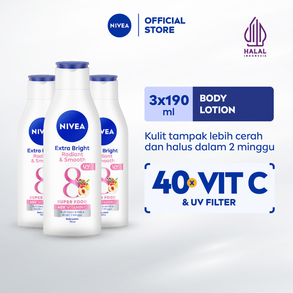 (PAKET HEMAT ISI 3) NIVEA Body Lotion Extra Bright Radiant & Smooth UV Filter 190ml - Hand body loti