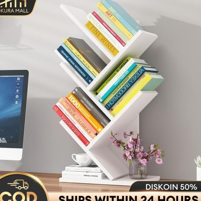 Rak Buku Meja Bentuk Pohon 8 Tingkat Rak Serbaguna Kayu Rak Buku
