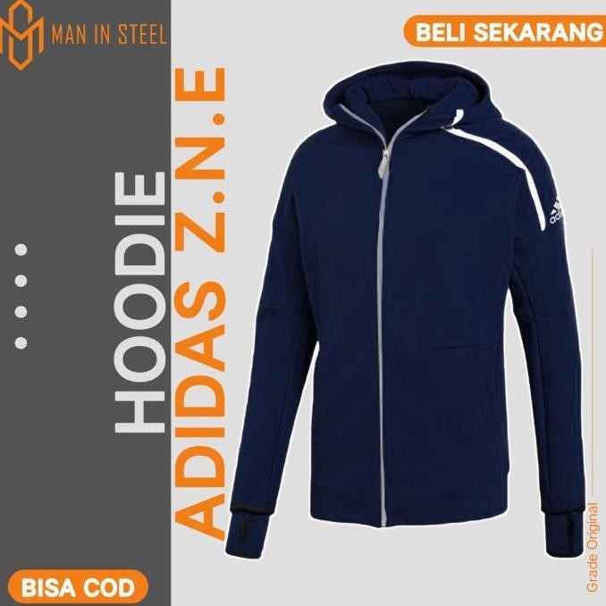 Jaket Hoodie Running Olahraga Pria Adidas Zne 2.0 Navy Grade Original