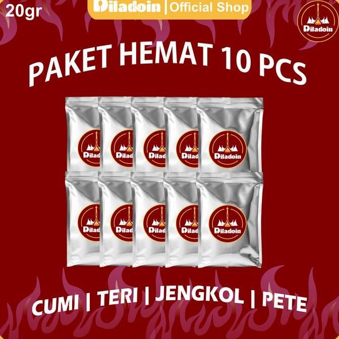 

Sale Paket Hemat ( Paket 10 Pcs ) Sambal Cumi / Sambal Teri / Sambal Pete / Sambal Jengkol Kemasan Saset 20Gr Diladoin