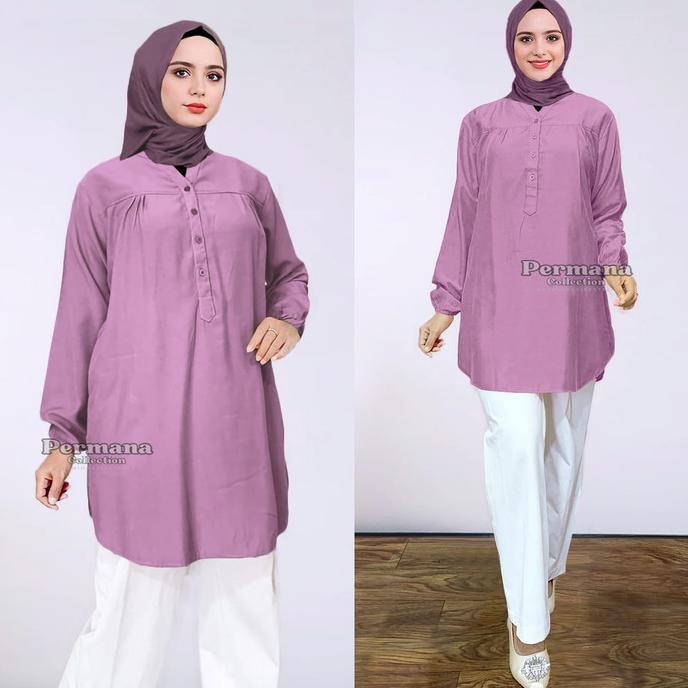 Promo Baju Atasan Blouse Wanita Kemeja Lengan Panjang Lilac Jumbo Dewasa