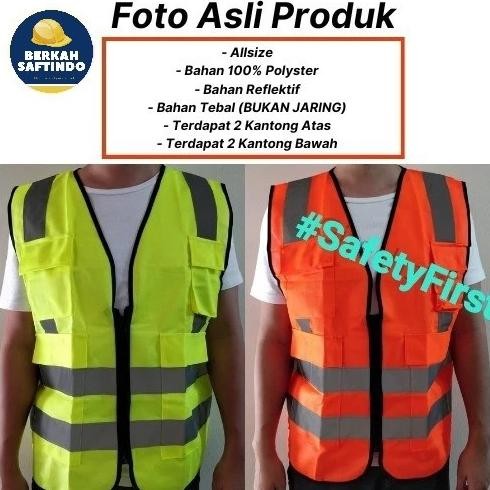 Ready Rompi Safety Proyek / Rompi Proyek K3 Resleting + Kantong / Hijau Oren